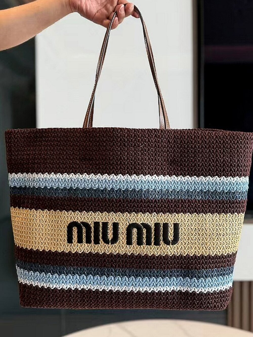 Miu Miu Black Embroidery Logo Multi-Tone Striped Woven Tote